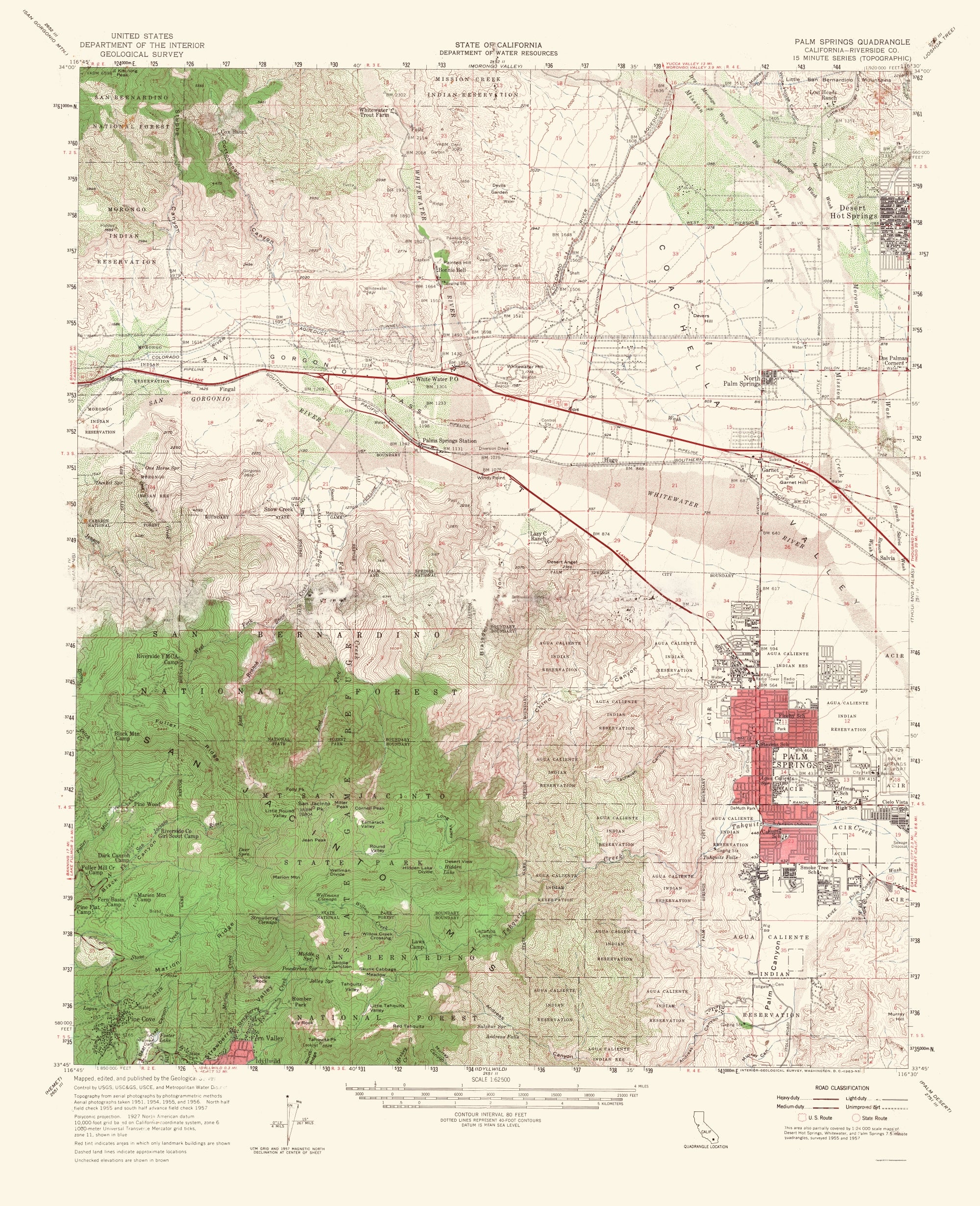 Antique Palm Springs, California 1957 US Geological Survey Topographic Map – Coachella Valley, San Bernardino hot Forest, Riverside County CA