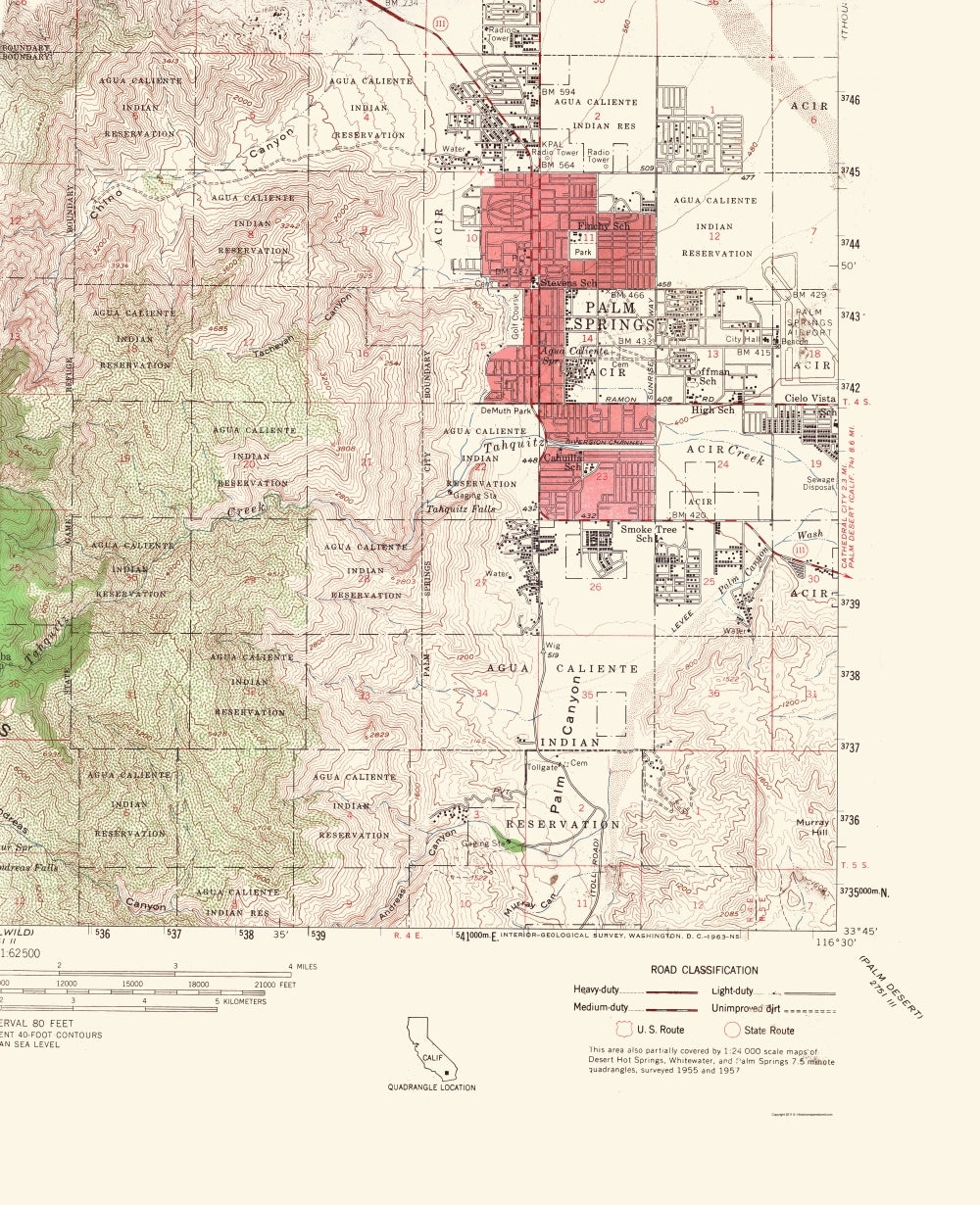 Antique Palm Springs, California 1957 shops US Geological Survey Topographic Map – Coachella Valley, San Bernardino Forest, Riverside County CA