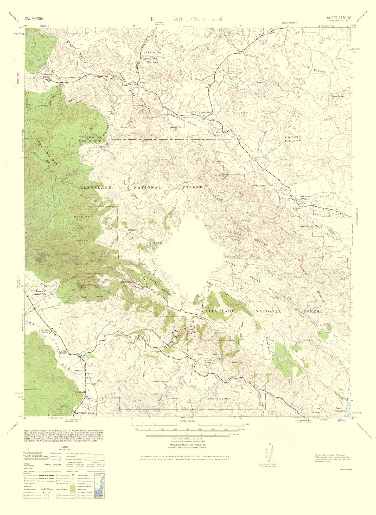 Topographical Map - Mt Palomar California Quad - USGS 1962 - 23 x 31.47 - Vintage Wall Art