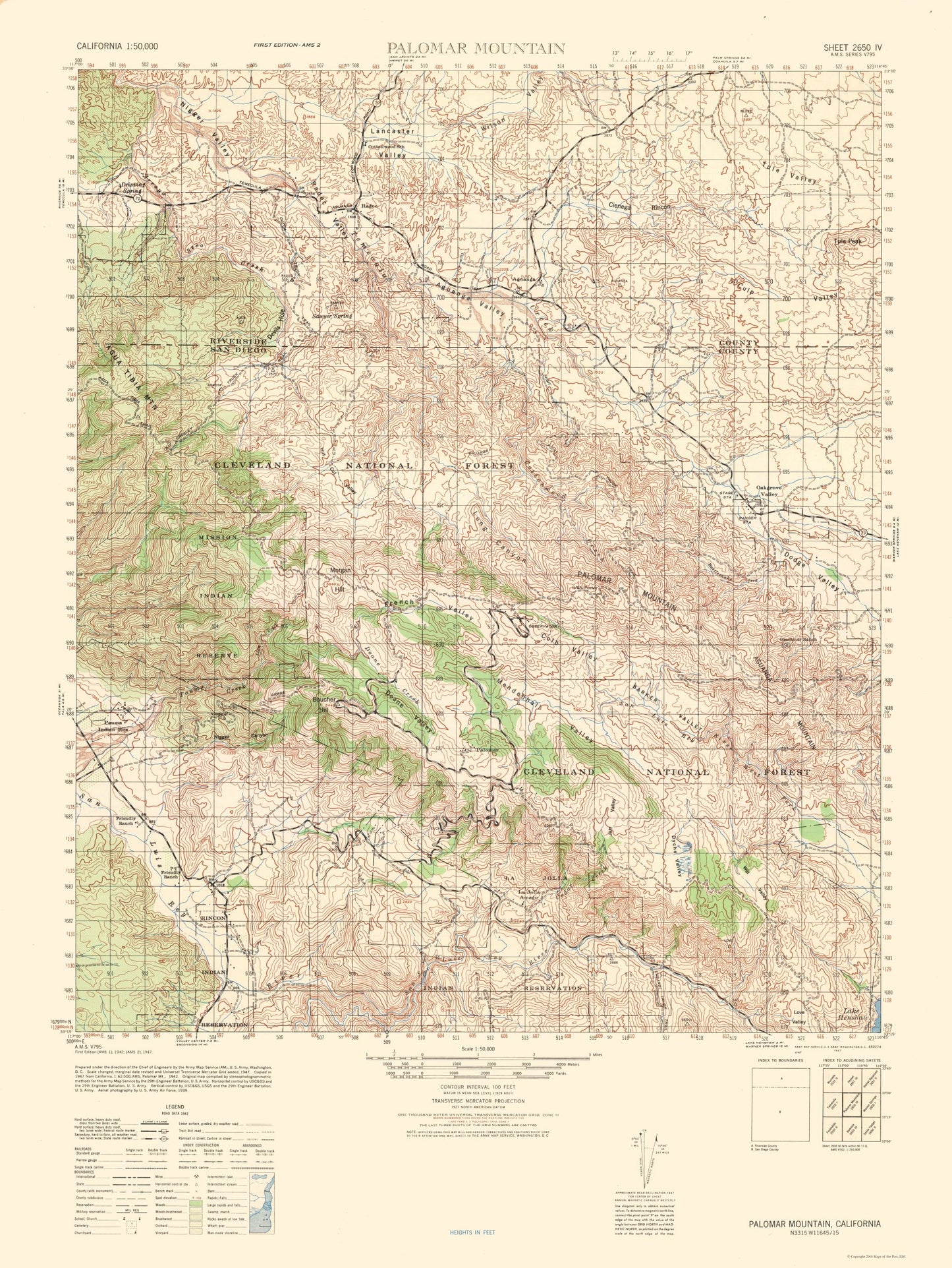 Topographical Map - Palomar Mountain Sheet - US Army 1942 - 23 x 30.59 - Vintage Wall Art