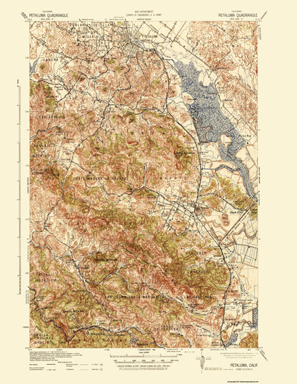 Topographical Map - Petaluma California Quad - USGS 1942 - 23 x 29.75 - Vintage Wall Art