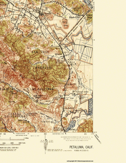 Topographical Map - Petaluma California Quad - USGS 1942 - 23 x 29.75 - Vintage Wall Art