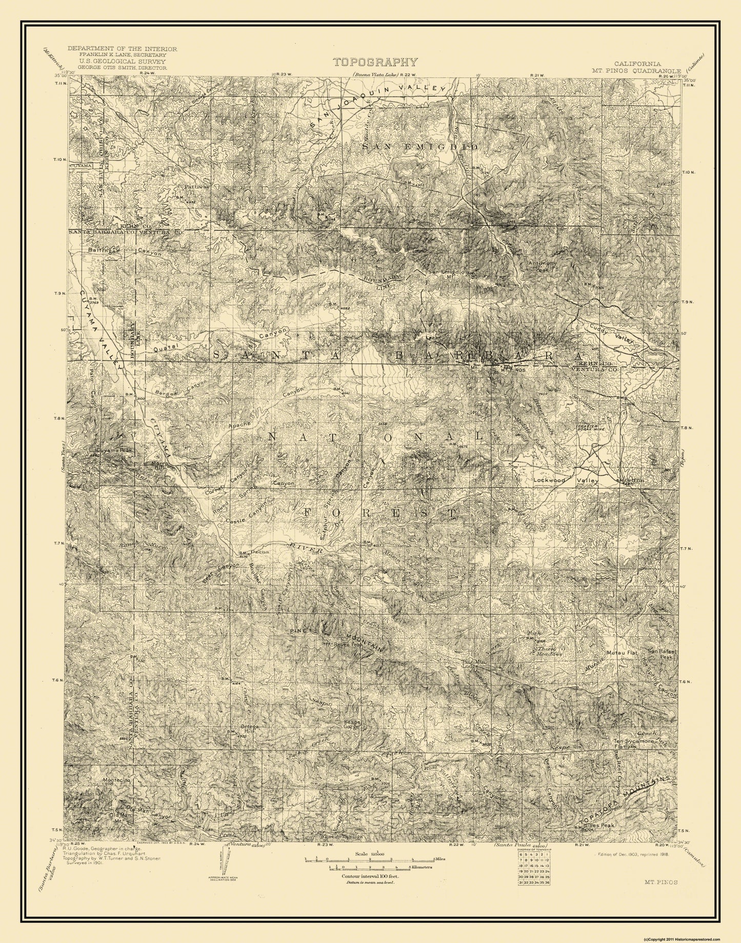 Topographical Map - Mt Pinos California Quad - USGS 1903 - 23 x 29.31 - Vintage Wall Art