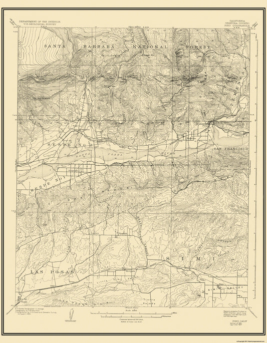 Topographical Map - Piru California Quad - USGS 1921 - 23 x 29.56 - Vintage Wall Art