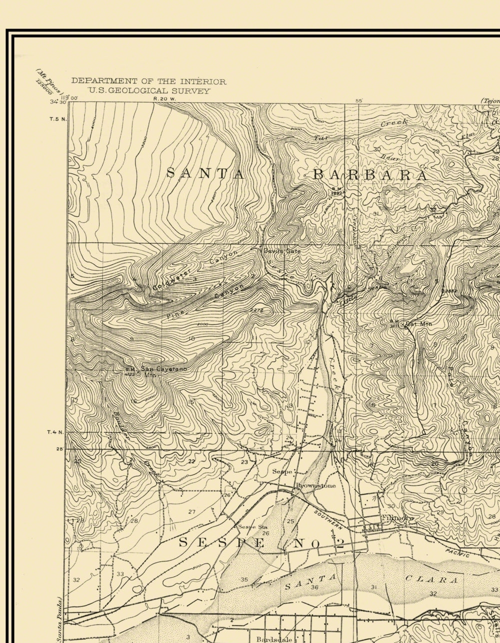 Topographical Map - Piru California Quad - USGS 1921 - 23 x 29.56 - Vintage Wall Art