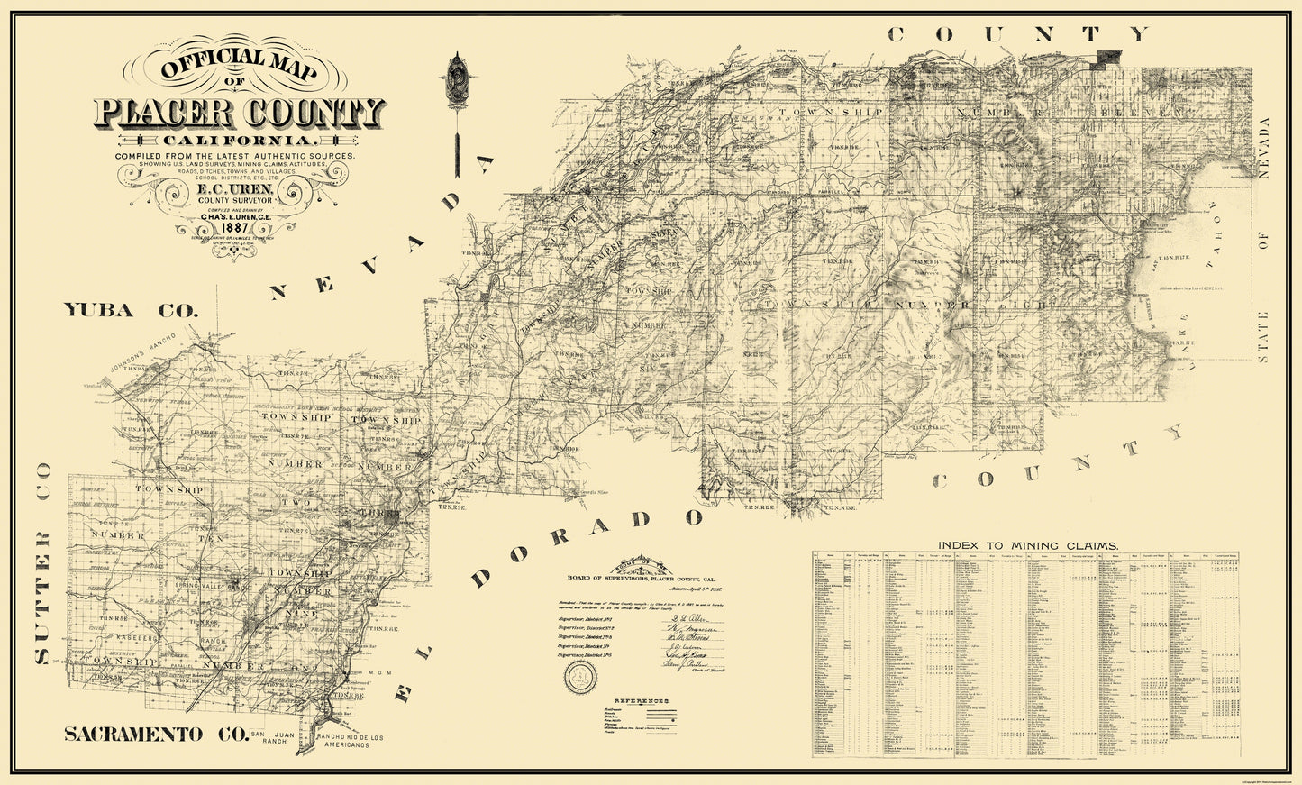 Historic County Map - Placer County California - Uren 1887 - 38.19 x 23 - Vintage Wall Art