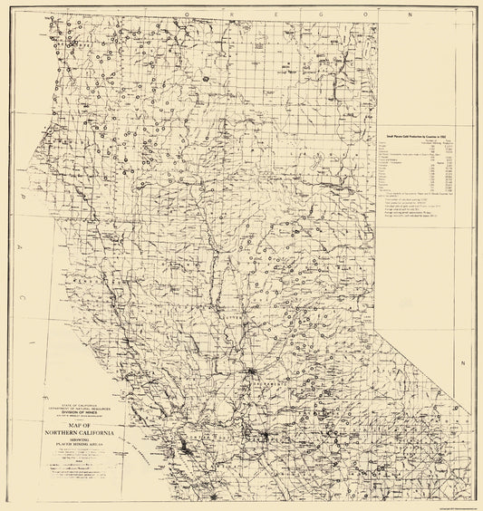 Historic Mine Map - Northern California Placer Mining Areas - Bradley 1932 - 23 x 24 - Vintage Wall Art