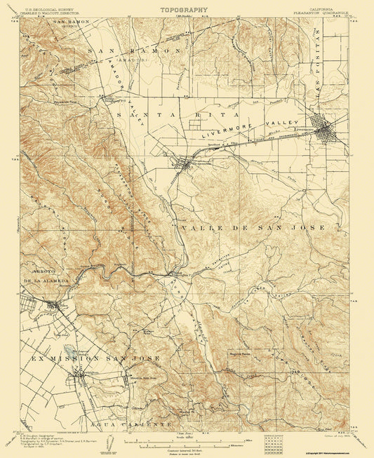 Topographical Map - Pleasanton California Quad - USGS 1906 - 23 x 28.19 - Vintage Wall Art