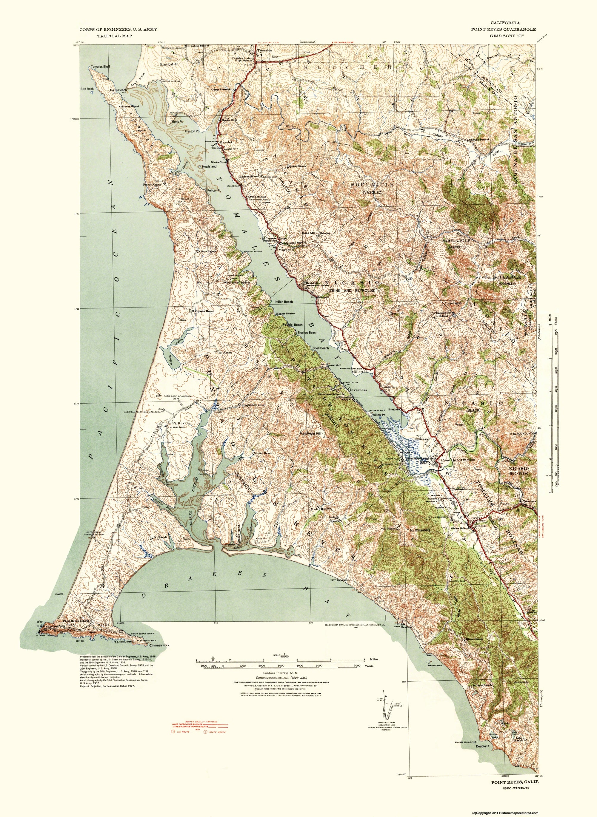 Topographical Map - Point Reyes California Quad - USGS 1940 - 23 x 31 ...