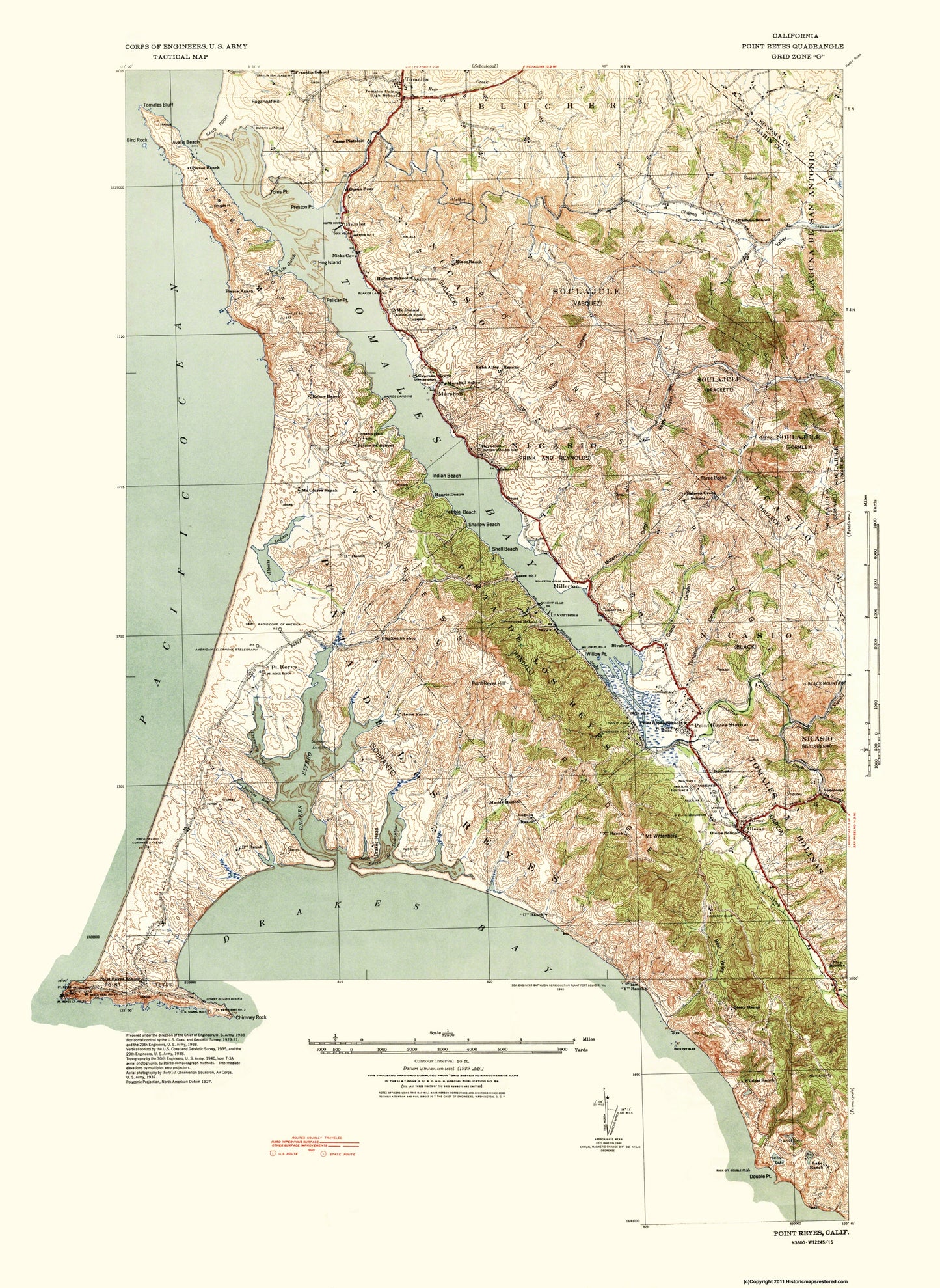 Topographical Map - Point Reyes California Quad - USGS 1940 - 23 x 31.5 - Vintage Wall Art