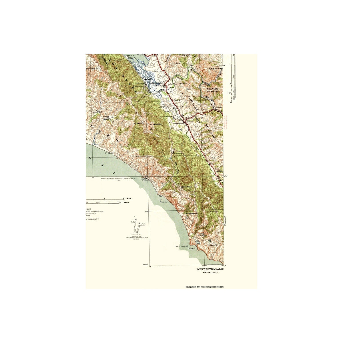 Point Reyes Map Printable Topographical Map - Point Reyes California Quad - USGS 1940 - 23 x 31 ...
