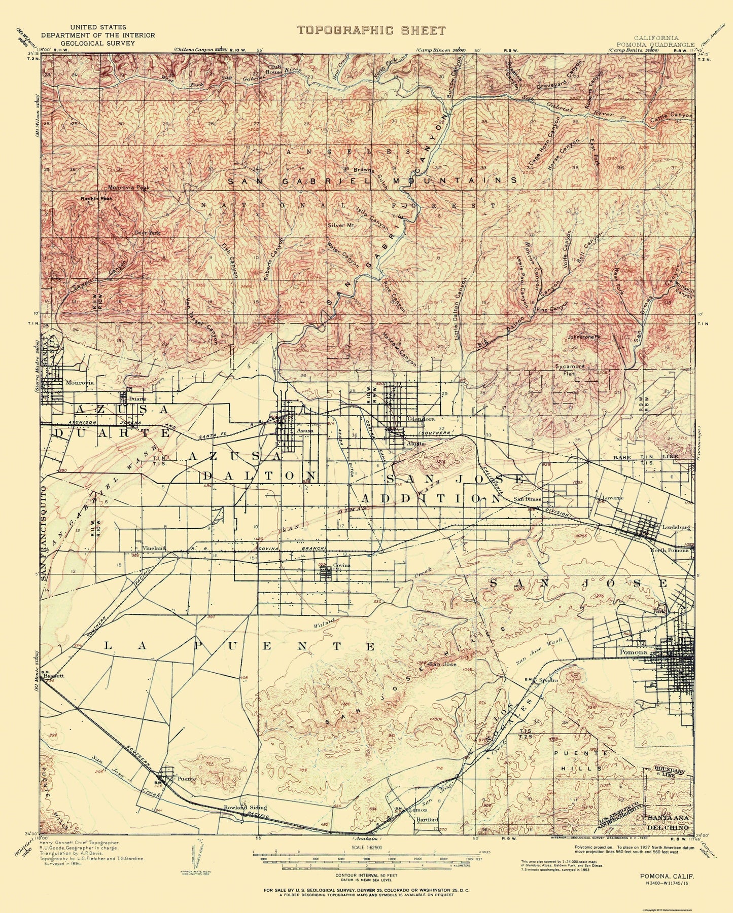 Topographical Map - Pomona California Quad - USGS 1953 - 23 x 28.69 - Vintage Wall Art