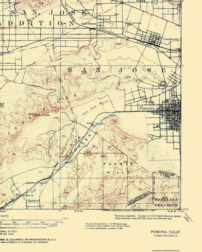 Topographical Map - Pomona California Quad - USGS 1953 - 23 x 28.69 - Vintage Wall Art