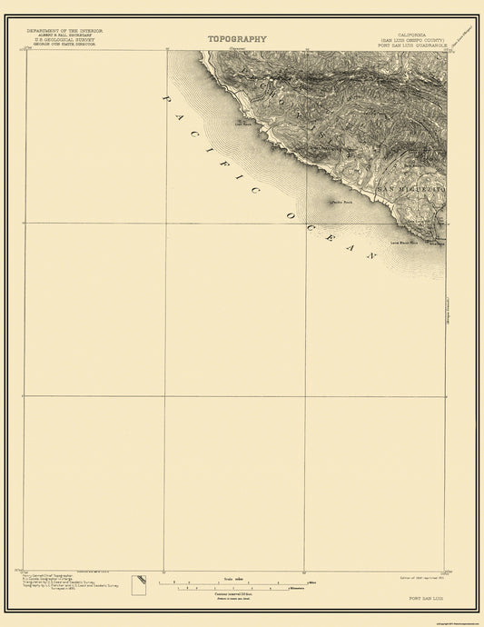 Topographical Map - Port San Luis California Quad - USGS 1897 - 23 x 29.75 - Vintage Wall Art