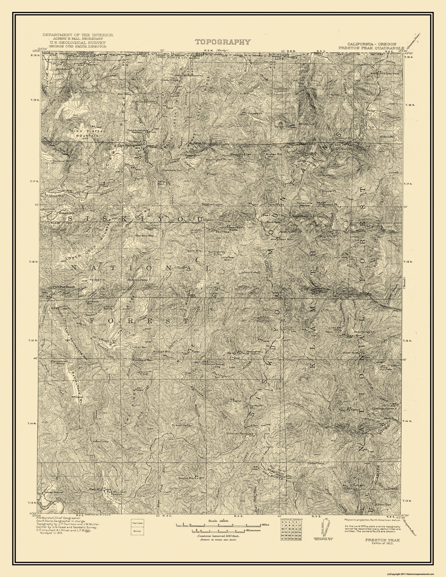 Topographical Map - Preston Peak California Quad - USGS 1922 - 23 x 29.75 - Vintage Wall Art