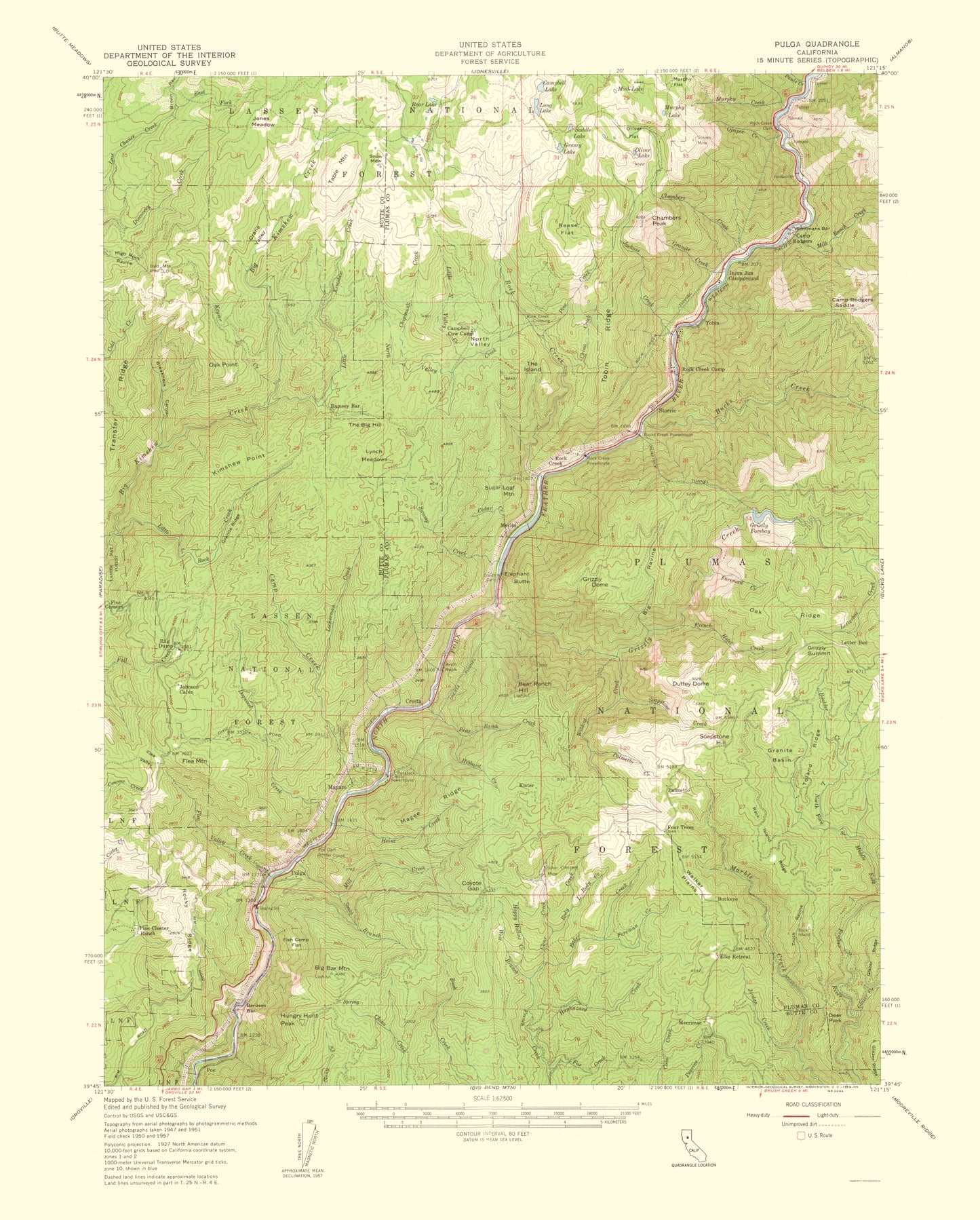 Topographical Map - Pulga California Quad - USGS 1956 - 23 x 28.61 - Vintage Wall Art