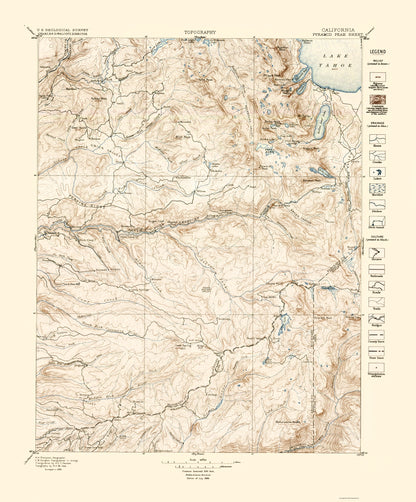 Topographical Map - Pyramid Peak California Sheet - USGS 1896 - 23 x 27.77 - Vintage Wall Art