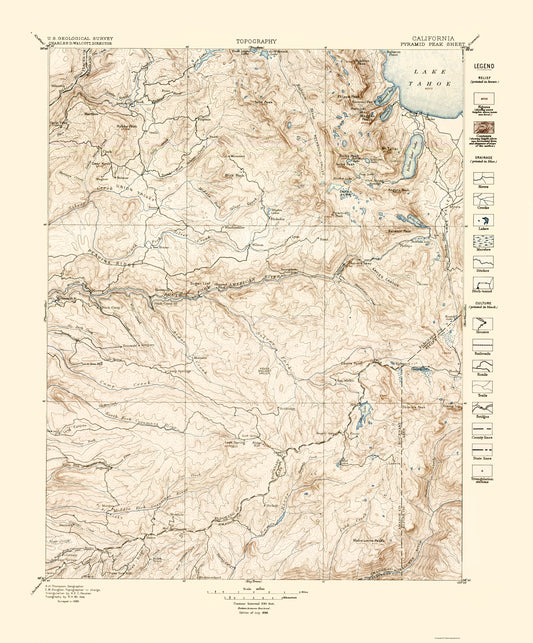 Topographical Map - Pyramid Peak California Sheet - USGS 1896 - 23 x 27.77 - Vintage Wall Art