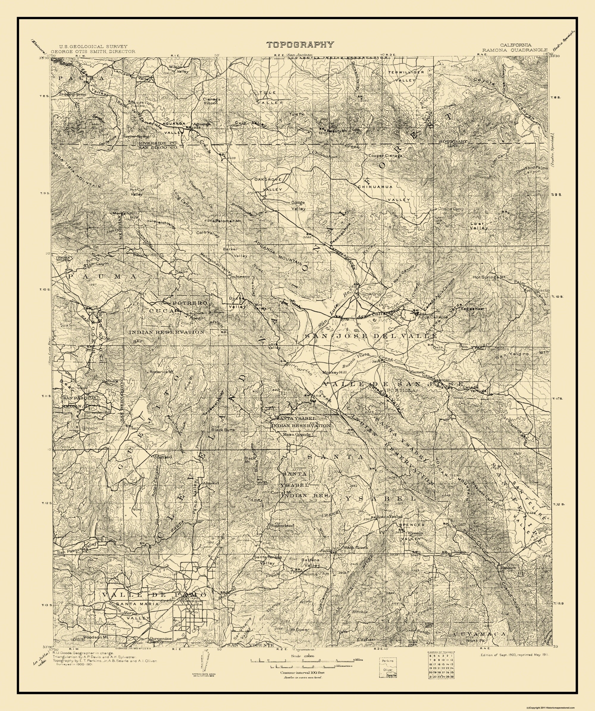 Topographical Map - Ramona California Quad - USGS 1903 - 23 x 27.5 - V ...
