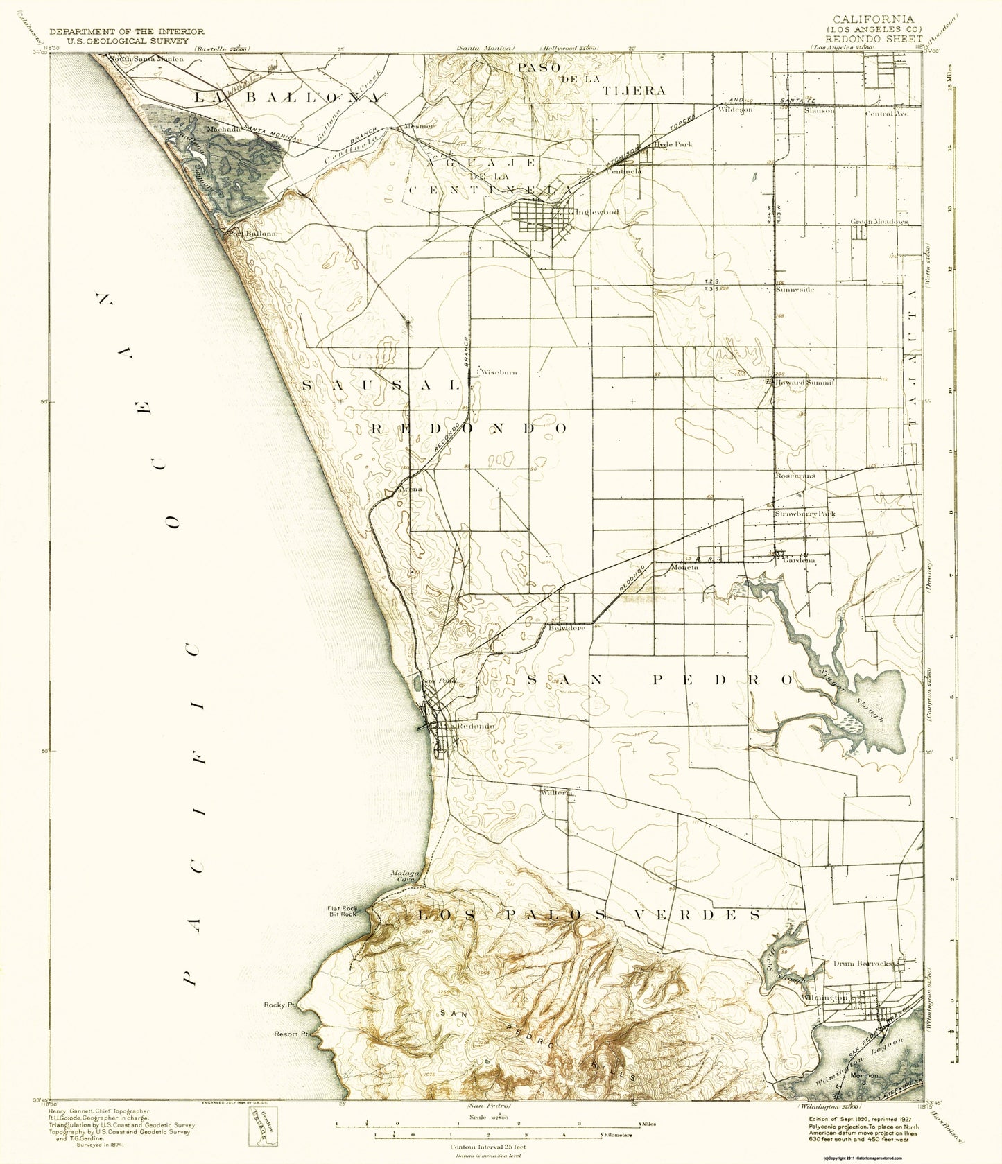 Topographical Map - Redondo California Sheet - USGS 1896 - 23 x 26.75 - Vintage Wall Art