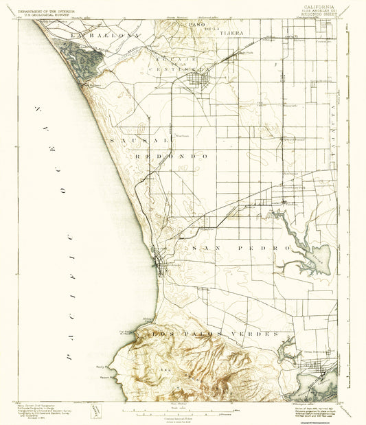 Topographical Map - Redondo California Sheet - USGS 1896 - 23 x 26.75 - Vintage Wall Art