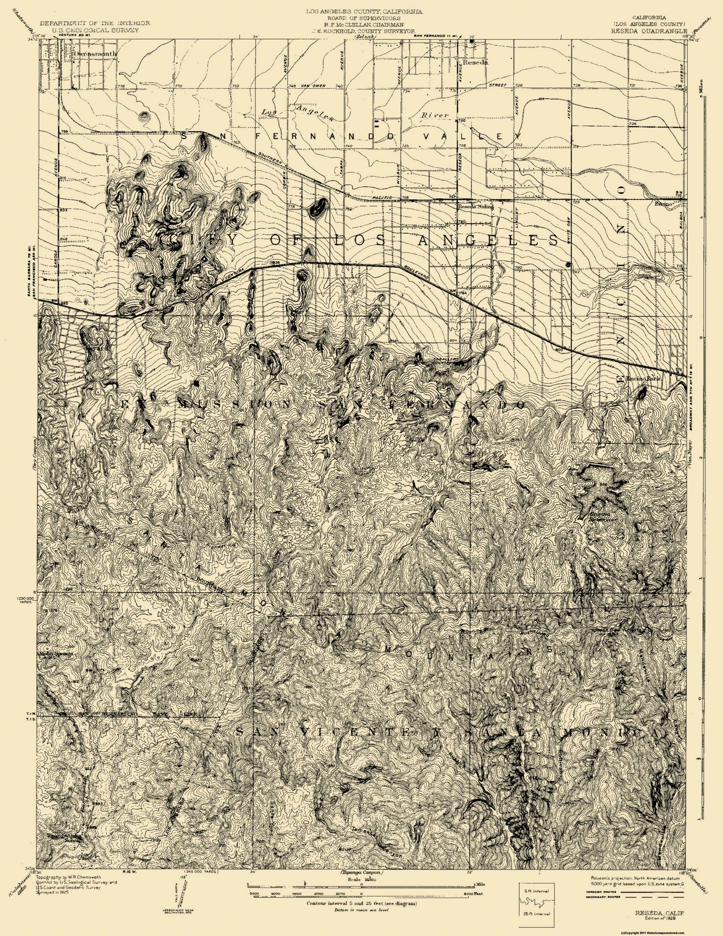 Topographical Map - Reseda California Quad - USGS 1928 - 23 x 29.75 - Vintage Wall Art