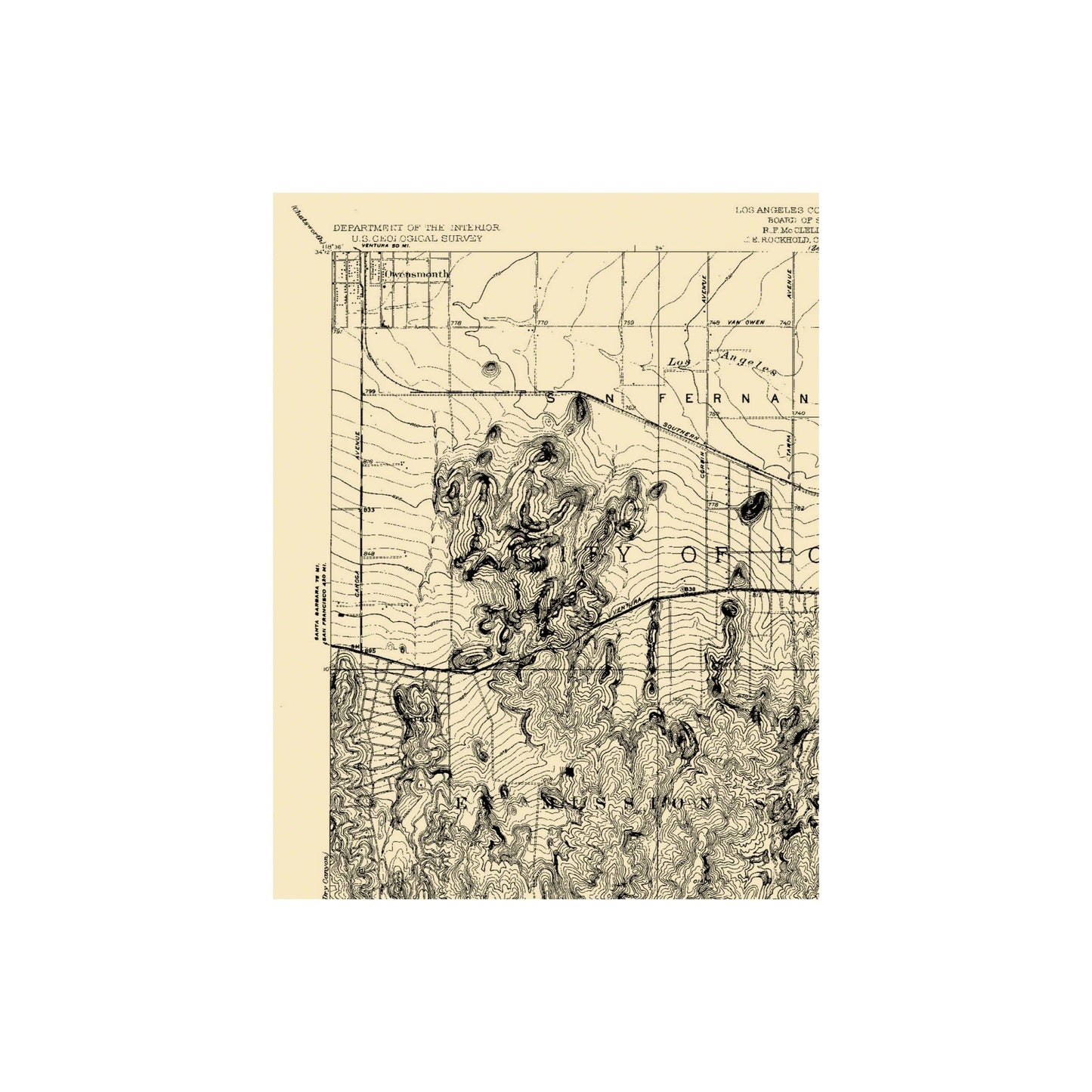 Topographical Map - Reseda California Quad - USGS 1928 - 23 x 29.75 ...