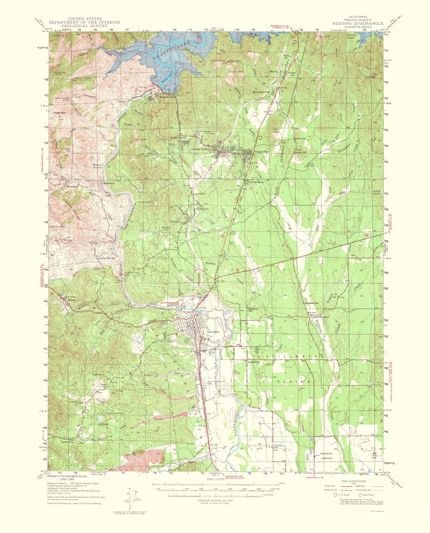 Topographical Map - Redding California Quad - USGS 1956 - 23 x 28.49 - Vintage Wall Art
