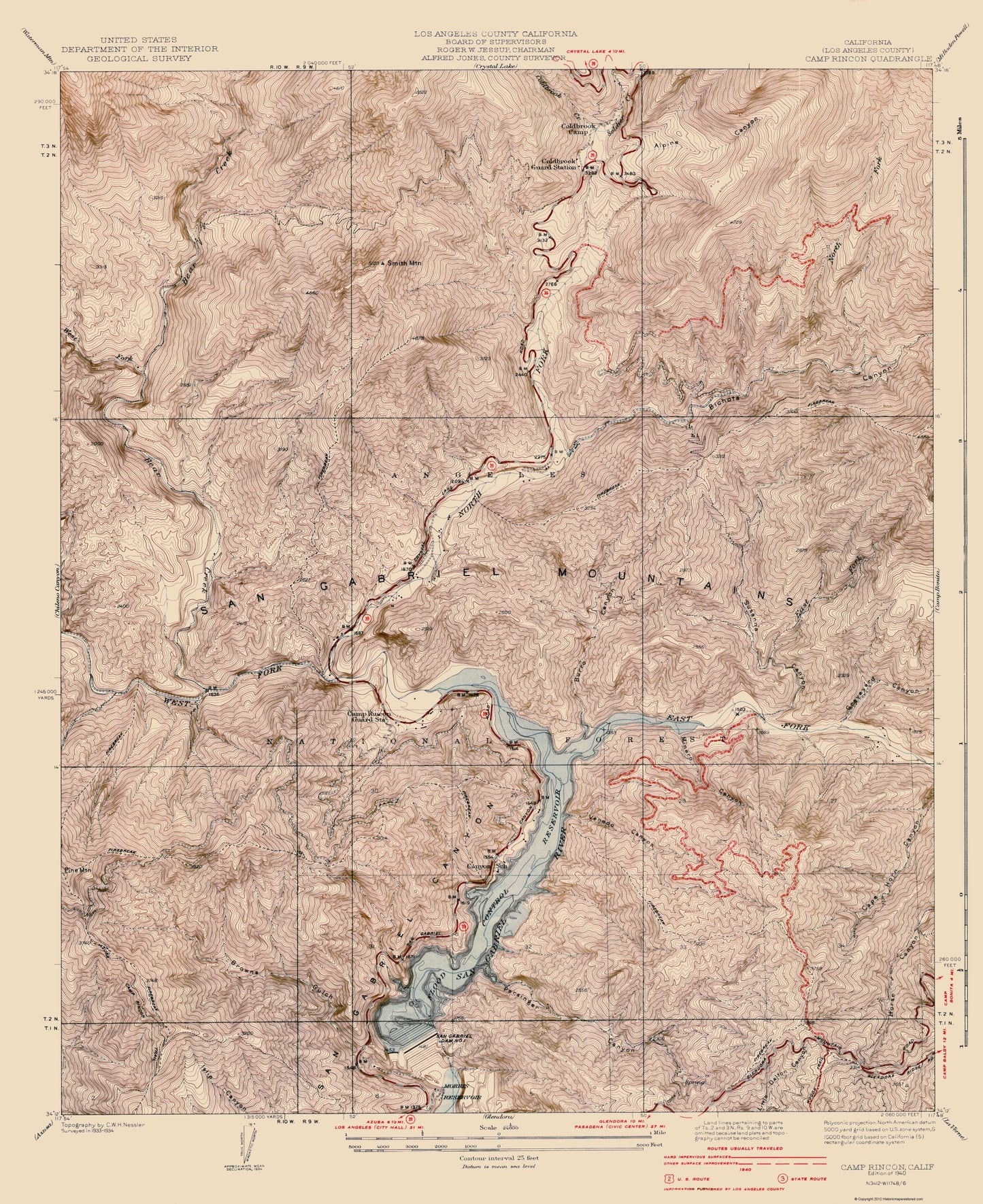 Topographical Map - Camp Rincon California Quad - USGS 1940 - 23 x 28.18 - Vintage Wall Art