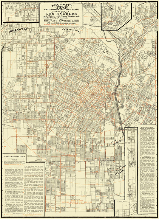 Railroad Map - Los Angeles Street Railway Guide - 1908 - 23 x 31.75 - Vintage Wall Art