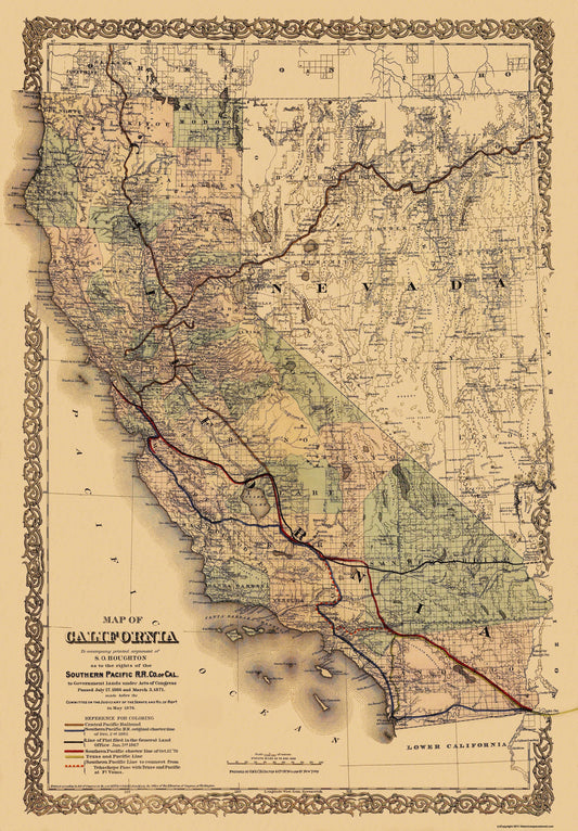 Railroad Map - Southern Pacific Railroad - 1876 - 23 x 33.06 - Vintage Wall Art