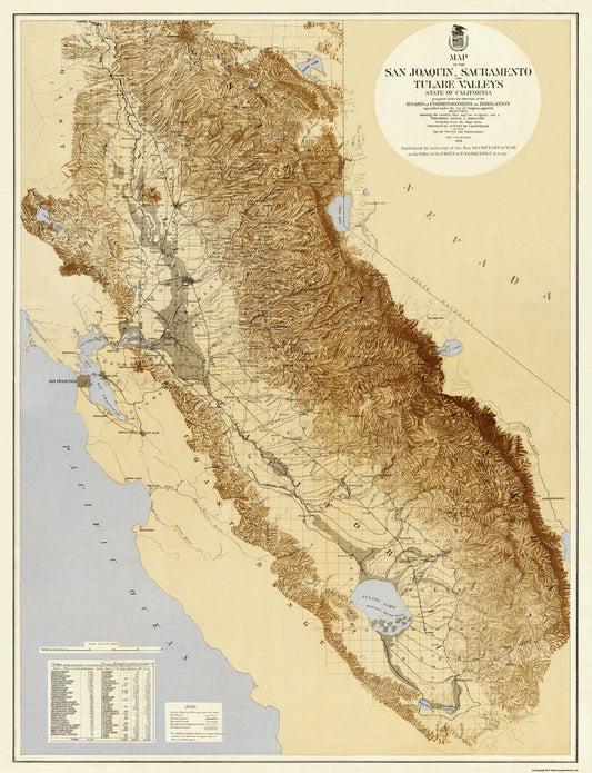 Historic City Map - San Joaquin Tulare Valleys California - US War Dept 1873 - 23 x 30 - Vintage Wall Art