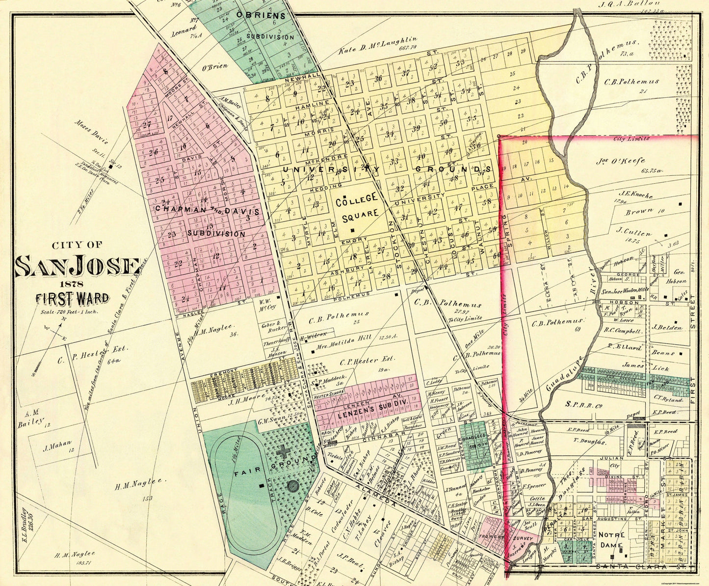 Historic City Map - San Jose 1st Ward California - Thompson 1878 - 27.88 x 23 - Vintage Wall Art