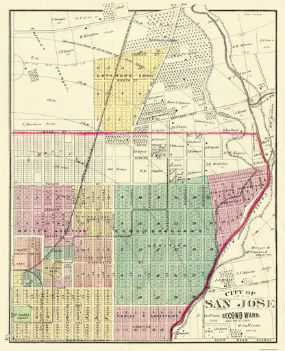 Historic City Map - San Jose 2ndWard California - Thompson 1878 - 23 x 28.31 - Vintage Wall Art