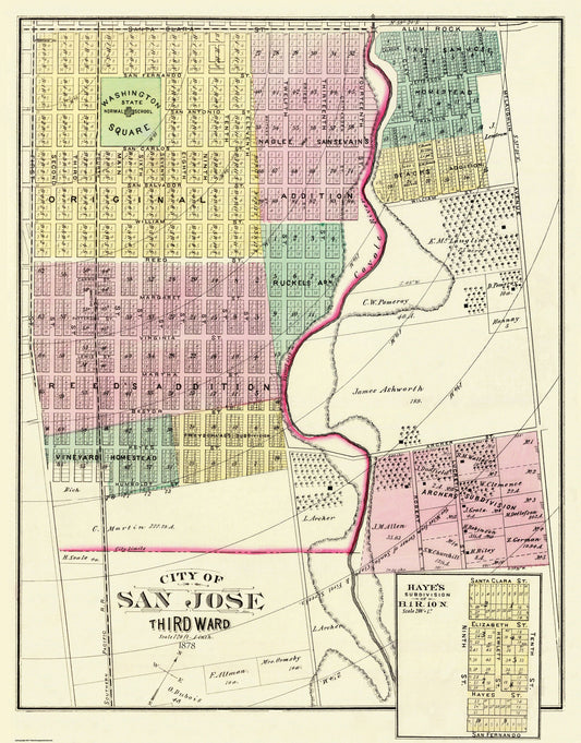 Historic City Map - San Jose 3rd Ward California - Thompson 1878 - 23 x 29.38 - Vintage Wall Art