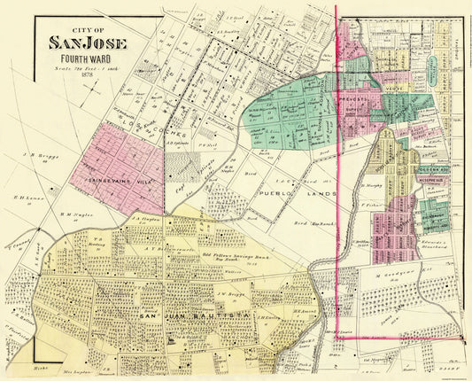 Historic City Map - San Jose 4th Ward California - Thompson 1878 - 28.5 x 23 - Vintage Wall Art