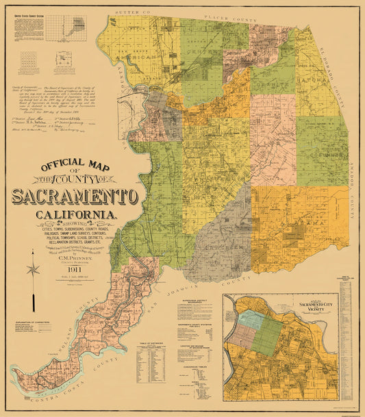 Historic County Map - Sacramento County California - Phinney 1911 - 23 x 26.31 - Vintage Wall Art