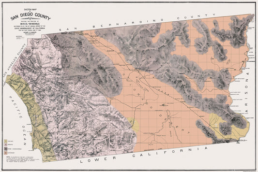 Historic County Map - San Diego County California - Hanks 1886 - 34.38 x 23 - Vintage Wall Art