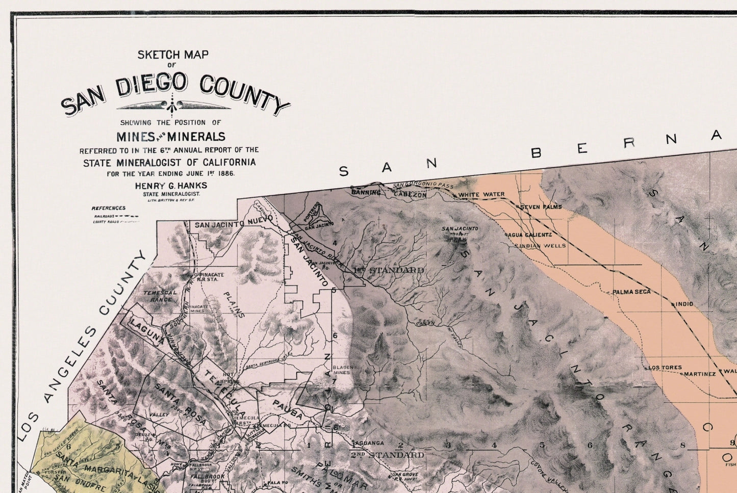 Historic County Map - San Diego County California - Hanks 1886 - 34.38 x 23 - Vintage Wall Art