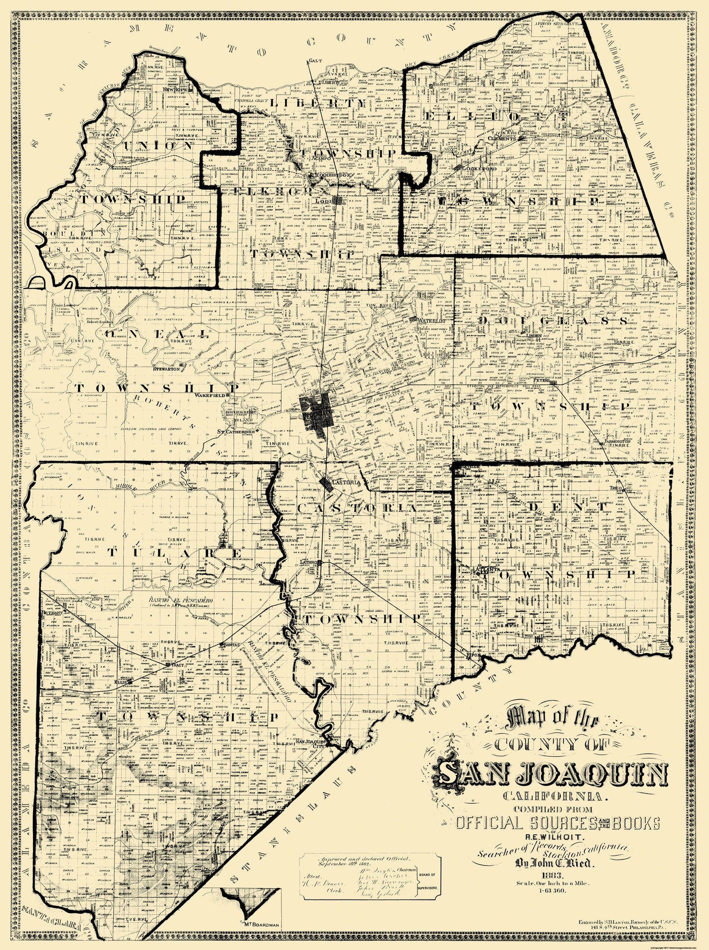 Historic County Map - San Joaquin County California - Reid 1883 - 23 x 30.81 - Vintage Wall Art