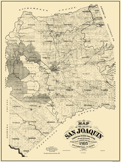 Historic County Map - San Joaquin County California - Compton 1895 - 23 x 30.81 - Vintage Wall Art