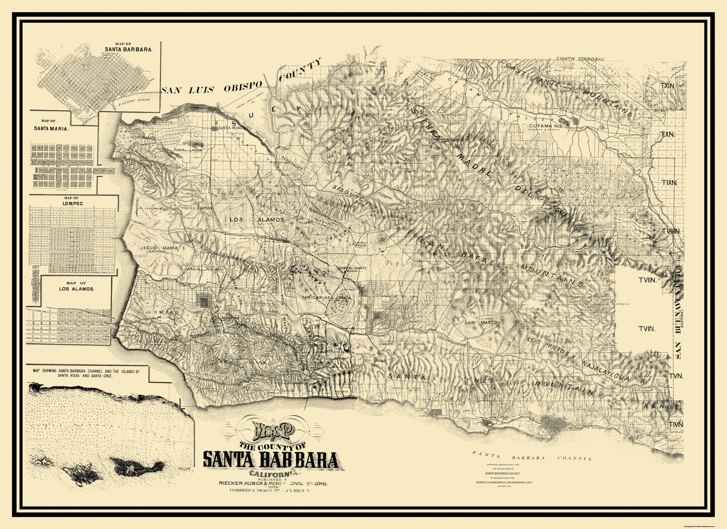 Historic County Map - Santa Barbara County California - Huber 1889 - 31.63 x 23 - Vintage Wall Art