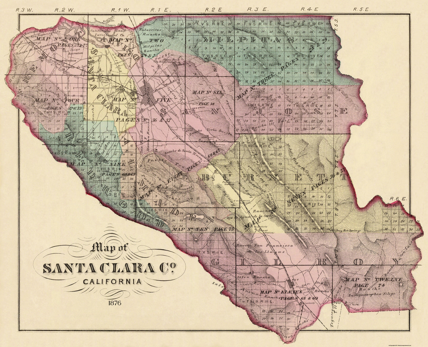 Historic County Map - Santa Clara County California - Thompson 1876 - 28.38 x 23 - Vintage Wall Art