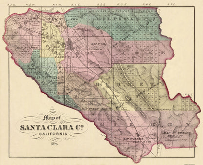 Historic County Map - Santa Clara County California - Thompson 1876 - 28.38 x 23 - Vintage Wall Art