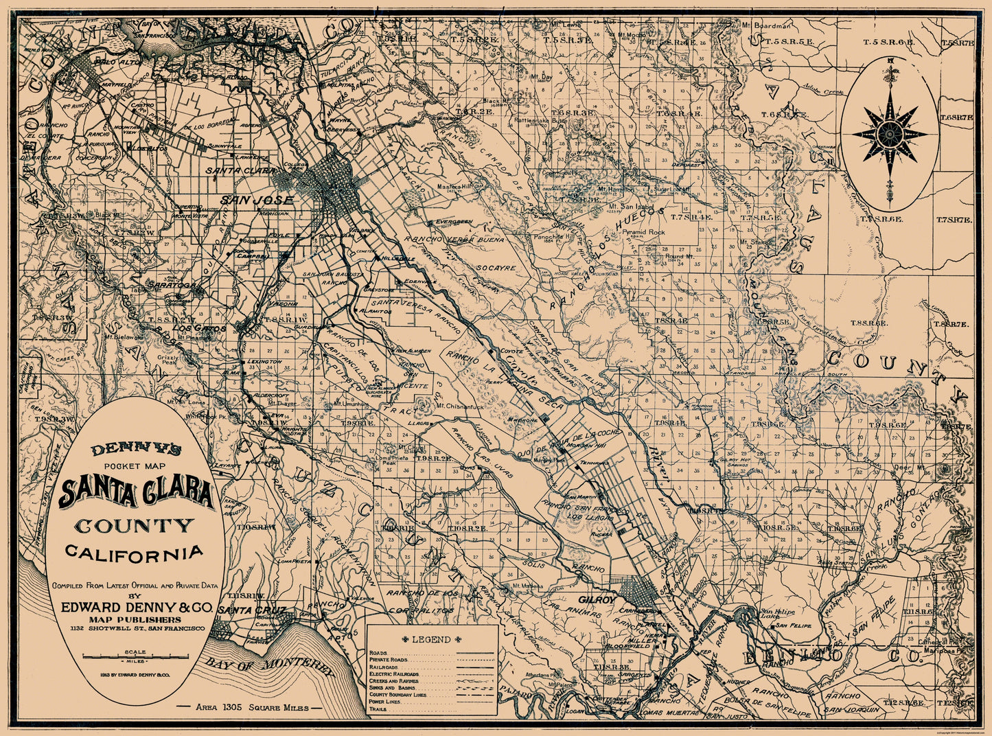 Historic County Map - Santa Clara County California - Denny 1913 - 31 x 23 - Vintage Wall Art