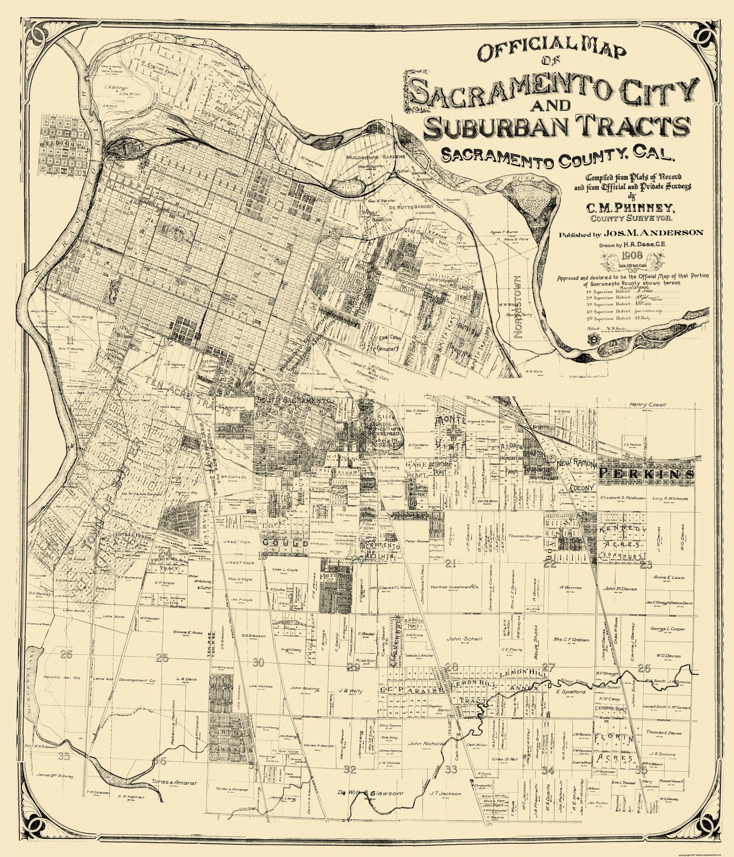 Historic City Map - Sacramento California - Anderson 1908 - 23 x 26.81 - Vintage Wall Art