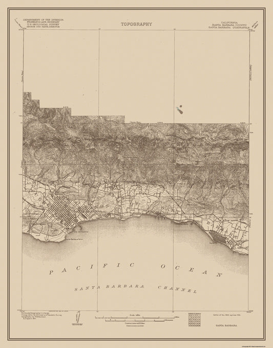 Topographical Map - Santa Barbara California Quad - USGS 1903 - 23 x 29.29 - Vintage Wall Art