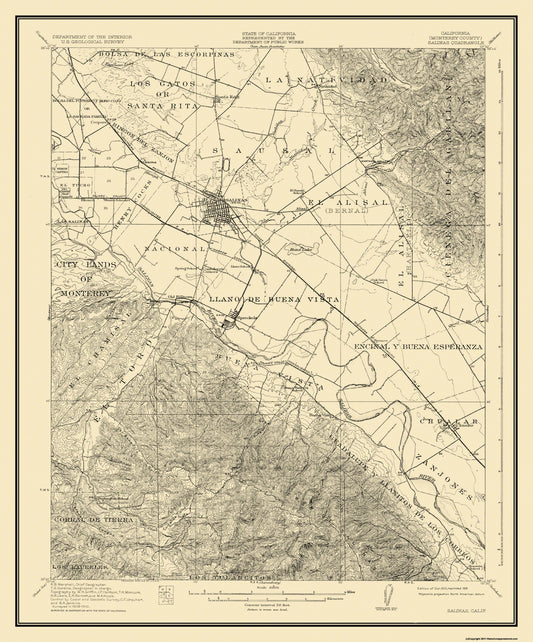 Topographical Map - Salinas California Quad - USGS 1912 - 23 x 27.69 - Vintage Wall Art