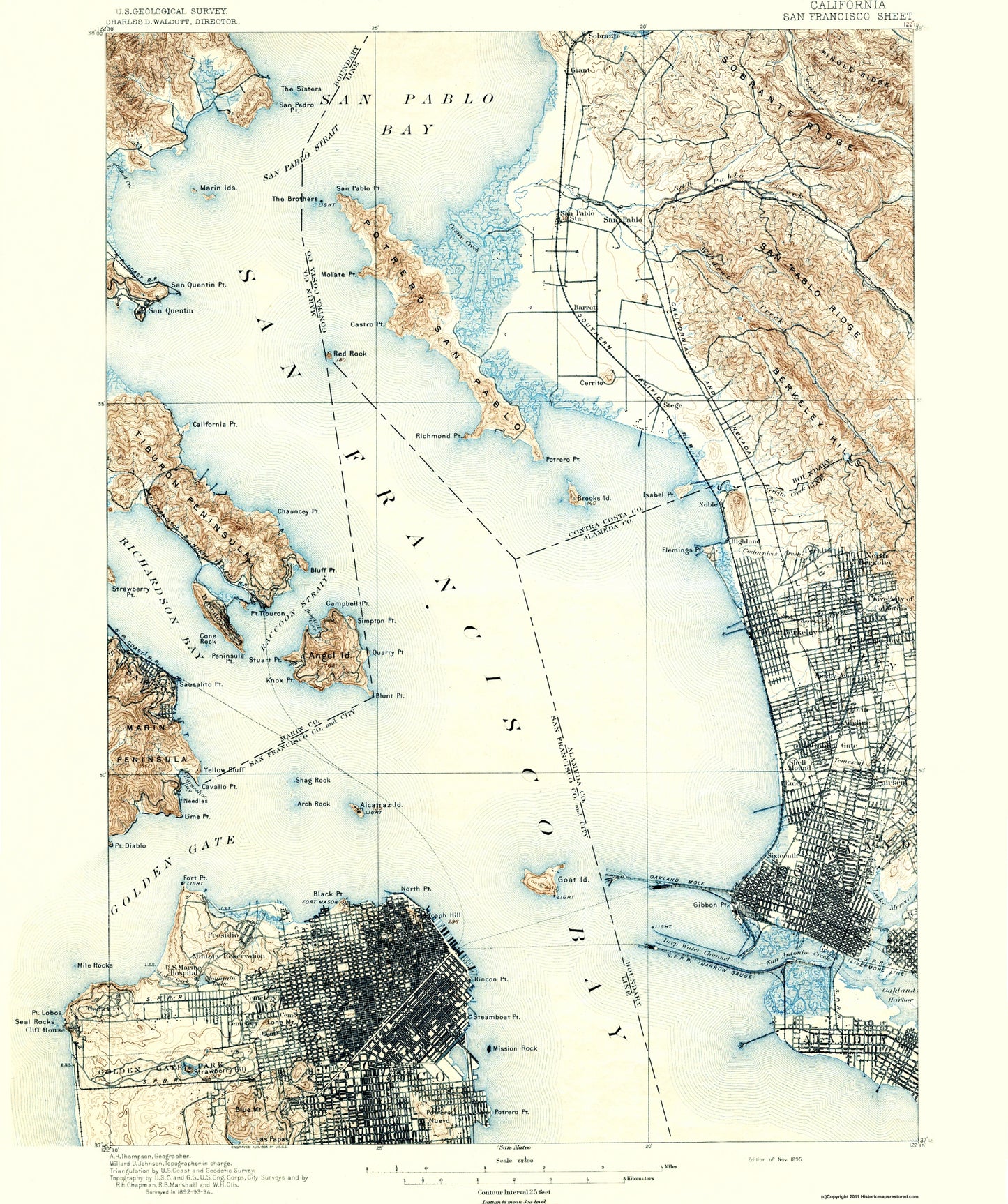 Topographical Map - San Francisco California Sheet - USGS 1895 - 23 x 27.5 - Vintage Wall Art