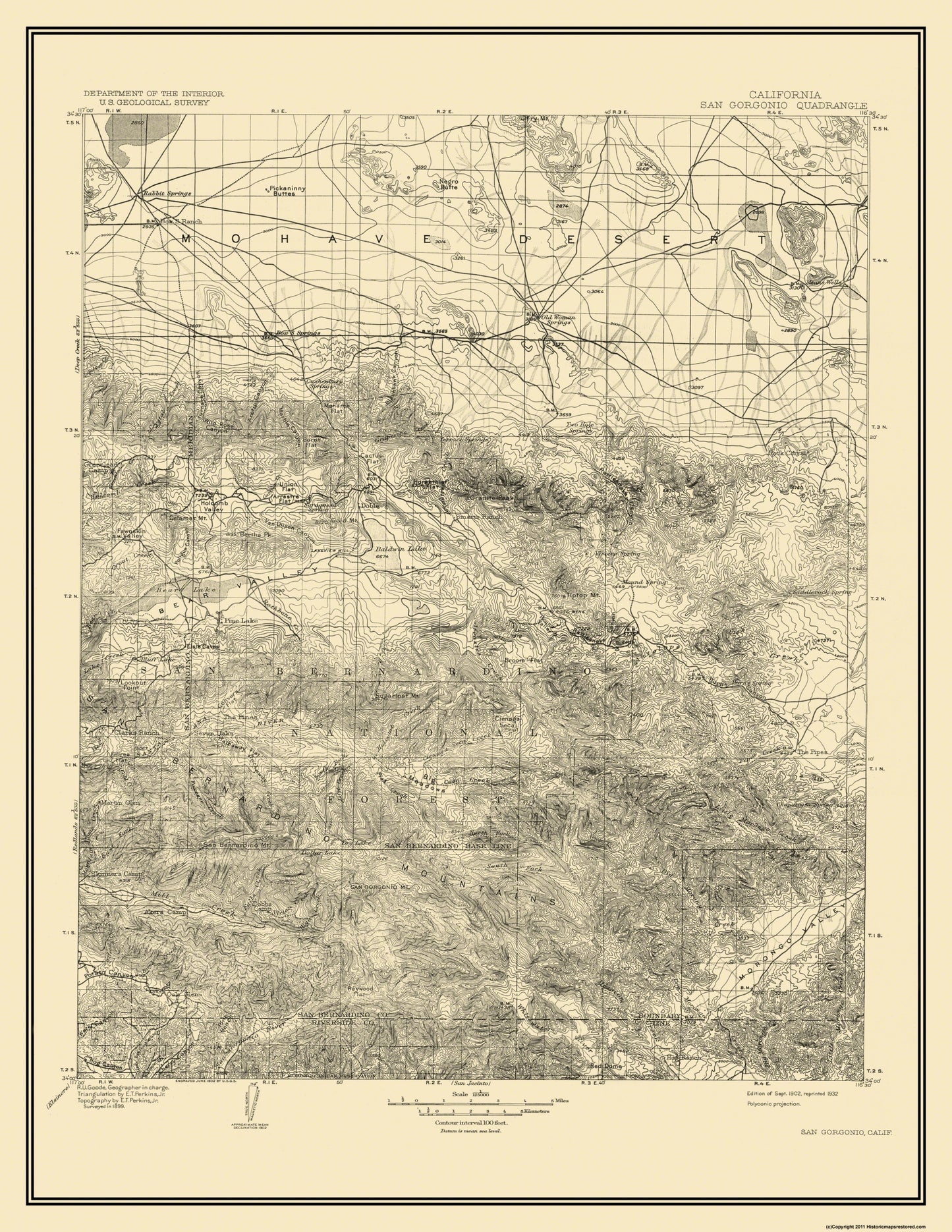 Topographical Map - San Gorgonio California Quad - USGS 1902 - 23 x 29.75 - Vintage Wall Art